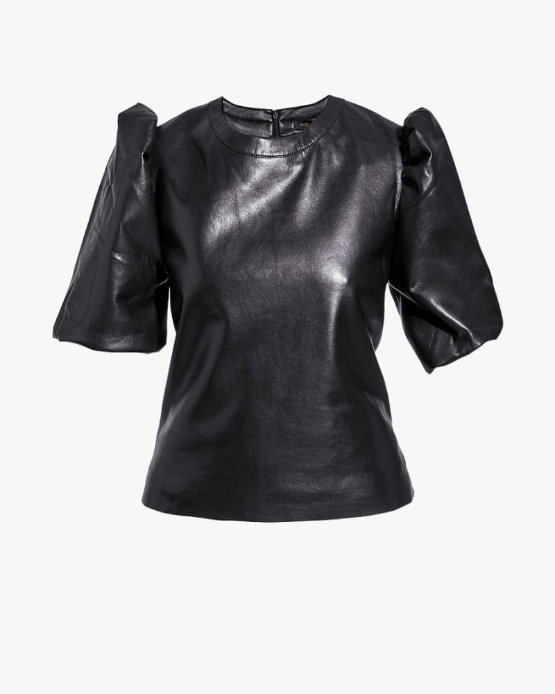 Front of a size L MARA RECYCLED LEATHER TEE in Black by AS by DF. | dia_product_style_image_id:237143